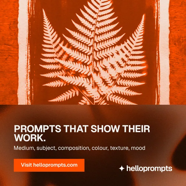 Instagram post for HelloPrompts: "Prompts that show their work." Swiss style, bottom layout, dark palette in orange.