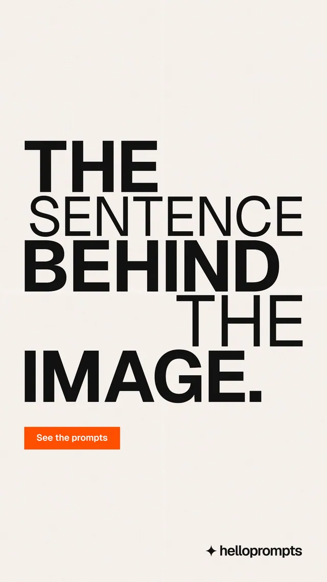 Instagram story for HelloPrompts: "The sentence behind the image." Swiss style, stacked layout, light palette in white, grey.