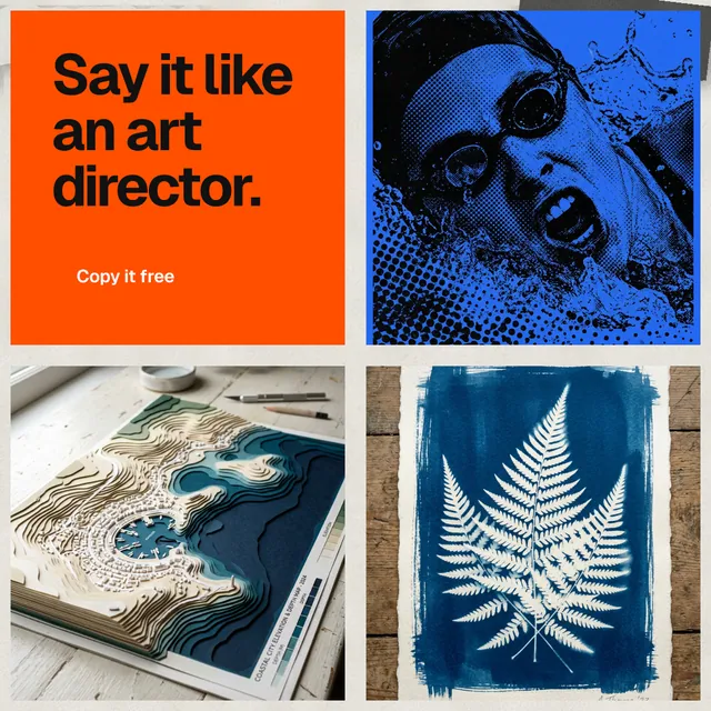 Instagram post for HelloPrompts: "Say it like an art director." Swiss style, collage layout, light palette in blue, orange, grey.
