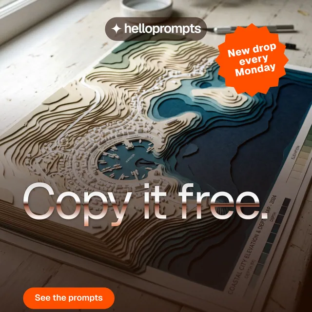 Instagram post for HelloPrompts: "Copy it free." Y2K style, sticker layout, dark palette in black, grey, orange.