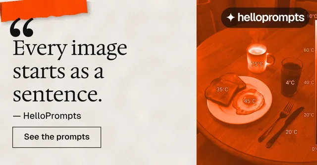 Social ad for HelloPrompts: "Copy it free." Editorial style, quote layout, light palette in orange, brown.