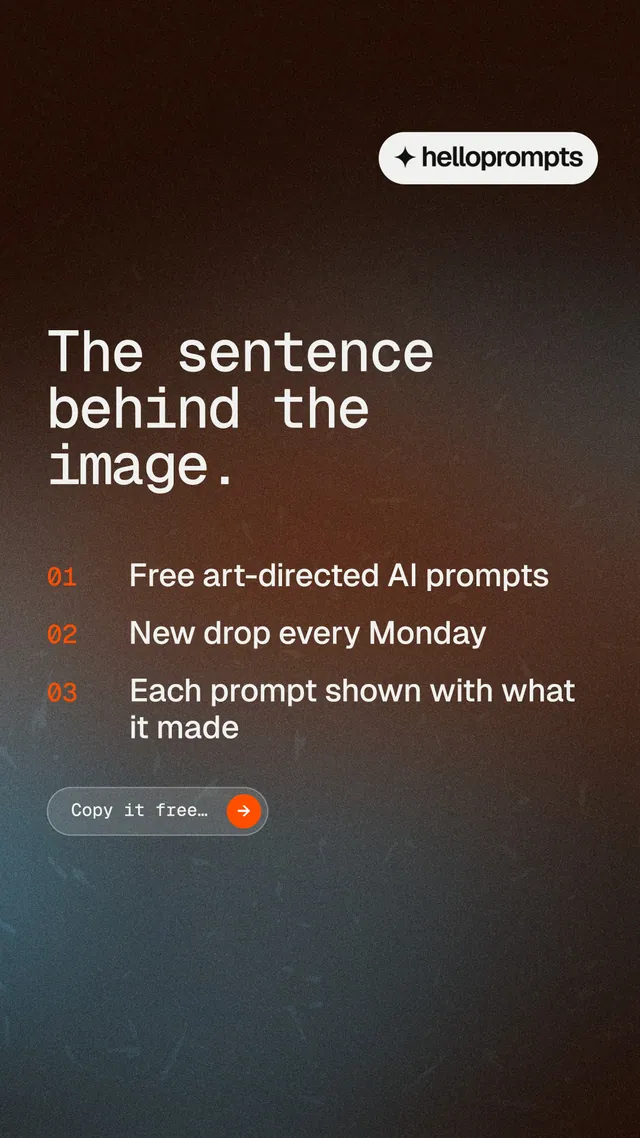 Instagram story for HelloPrompts: "The sentence behind the image." Agentic glass style, numbered layout, dark palette in black, orange, grey.