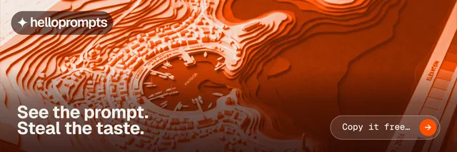 X header for HelloPrompts: "See the prompt. Steal the taste." Agentic glass style, image led layout, dark palette in red, orange.