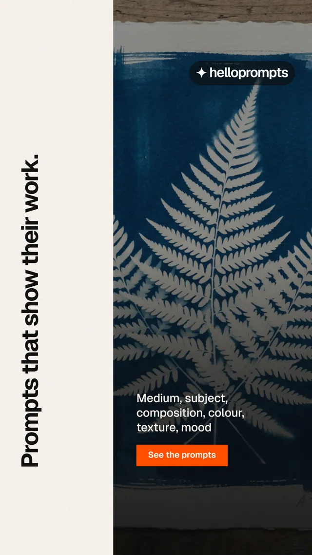 Instagram story for HelloPrompts: "Prompts that show their work." Swiss style, vertical layout, light palette in black, white, grey.