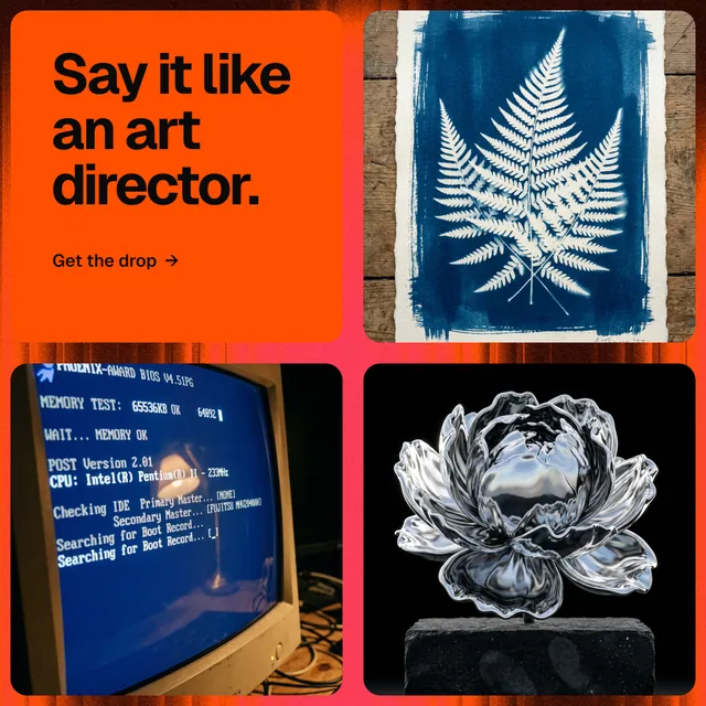 Instagram post for HelloPrompts: "Say it like an art director." Agentic glass style, collage layout, dark palette in black, orange, grey.