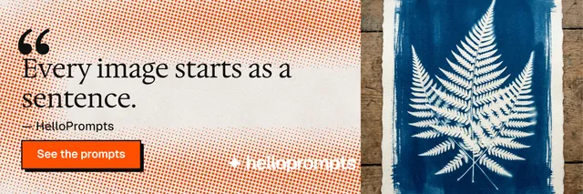 X header for HelloPrompts: "Say it like an art director." Brutalist style, quote layout, light palette in orange, grey.