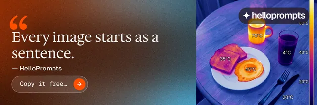 X header for HelloPrompts: "Every image starts as a sentence." Agentic glass style, quote layout, dark palette in grey, red, purple.