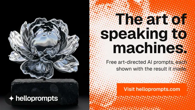 Landscape graphic for HelloPrompts: "The art of speaking to machines." Split block style, right layout, light palette in black, orange, white.