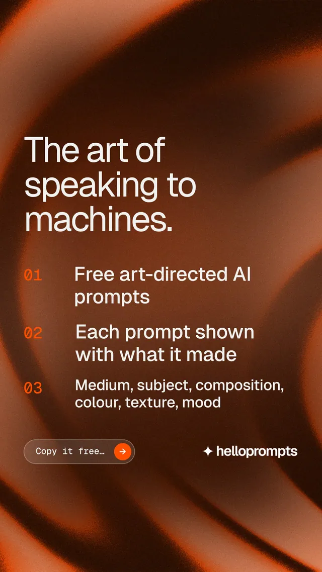 Instagram story for HelloPrompts: "The art of speaking to machines." Agentic glass style, numbered layout, dark palette in black, orange, brown.