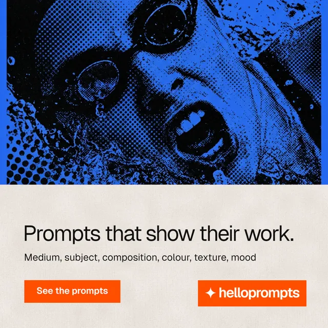 Instagram post for HelloPrompts: "Prompts that show their work." Swiss style, bottom layout, light palette in blue, black, orange.