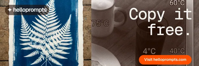 X header for HelloPrompts: "Copy it free." Photo poster style, right layout, dark palette in orange, grey, blue.
