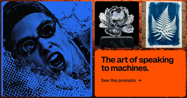 Social ad for HelloPrompts: "The art of speaking to machines." Agentic glass style, collage layout, dark palette in black, blue, red.