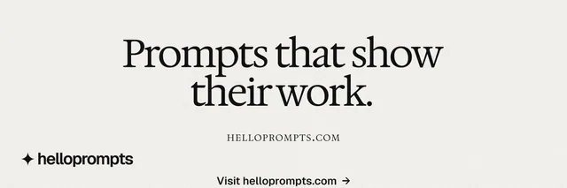 X header for HelloPrompts: "Prompts that show their work." Swiss style, smallcaps layout, light palette in white, grey.
