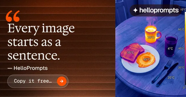 Social ad for HelloPrompts: "Taste, written down." Agentic glass style, quote layout, dark palette in orange, blue, grey.