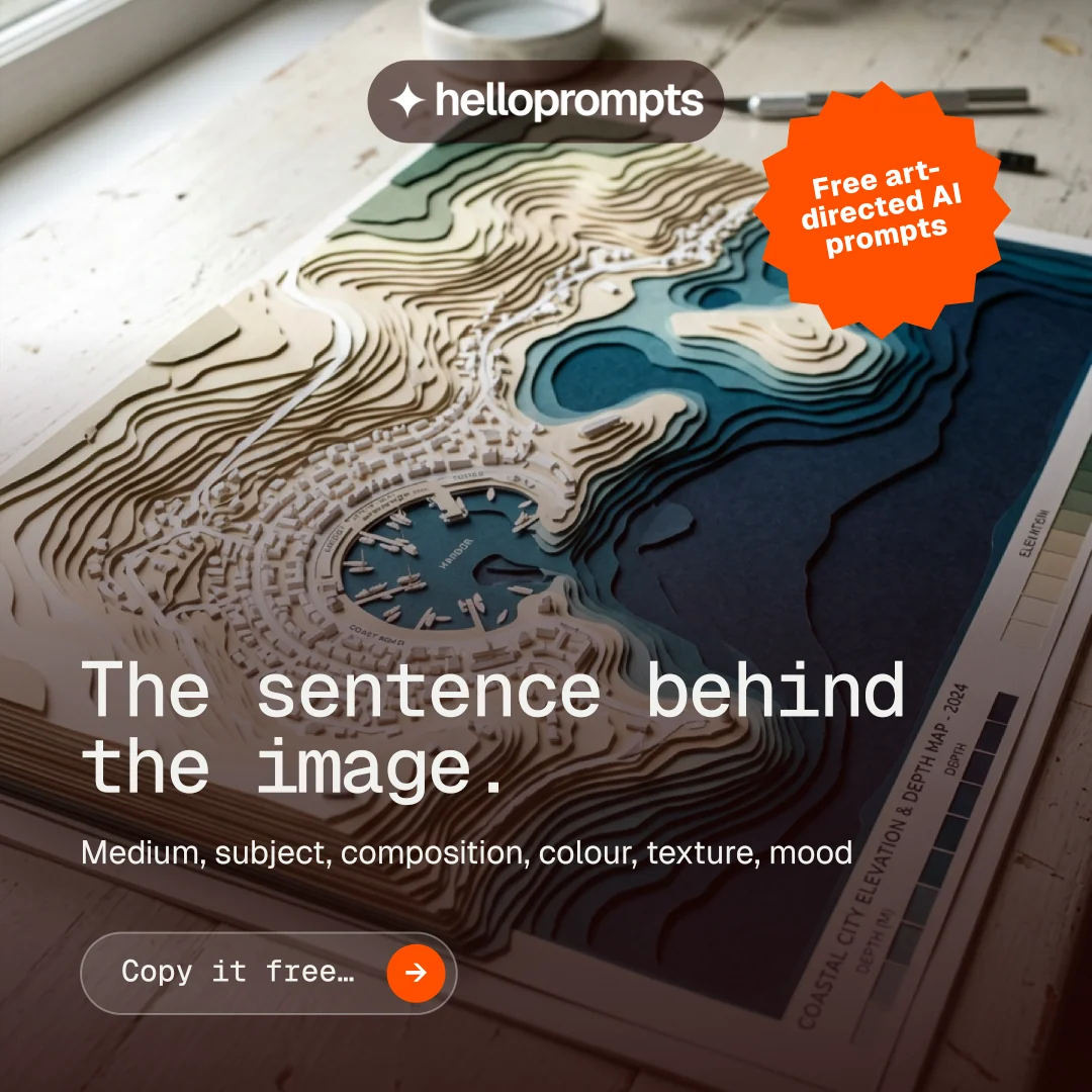 Instagram post for HelloPrompts: "The sentence behind the image." Agentic glass style, sticker layout, dark palette in black, grey, red.