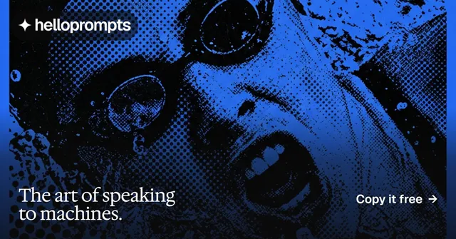 Social ad for HelloPrompts: "The art of speaking to machines." Editorial style, image led layout, dark palette in blue, black.