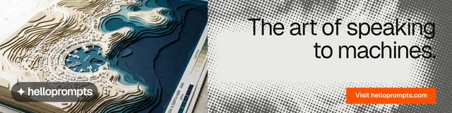 LinkedIn banner for HelloPrompts: "The art of speaking to machines." Swiss style, right layout, light palette in grey, white.