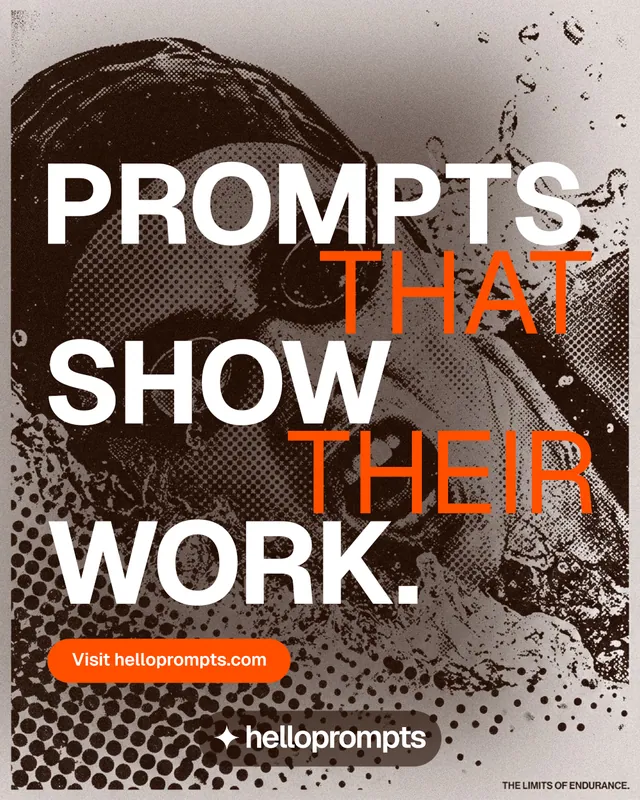 Instagram portrait post for HelloPrompts: "Prompts that show their work." Photo poster style, stacked layout, light palette in white, grey, orange.