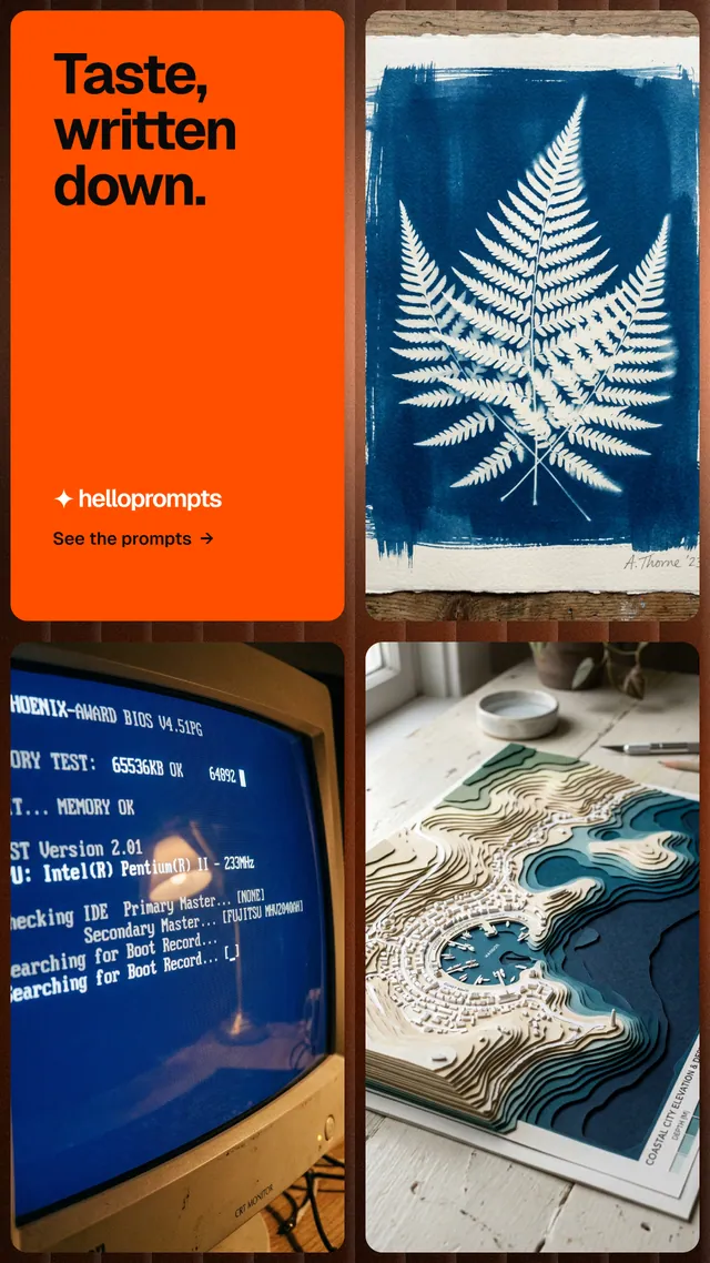 Instagram story for HelloPrompts: "Taste, written down." Agentic glass style, collage layout, dark palette in blue, orange, grey.