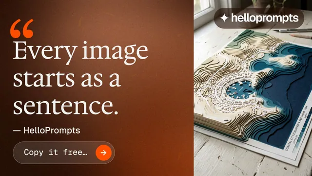 Landscape graphic for HelloPrompts: "Taste, written down." Agentic glass style, quote layout, dark palette in orange, brown, grey.