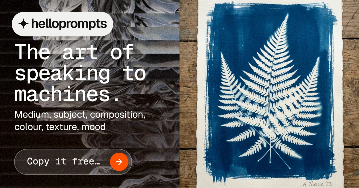 Social ad for HelloPrompts: "The art of speaking to machines." Agentic glass style, bottom layout, dark palette in blue, grey, black.