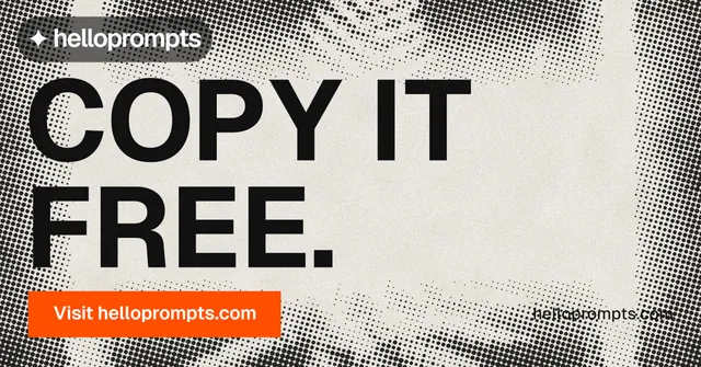 Social ad for HelloPrompts: "Copy it free." Retro print style, poster layout, light palette in white, grey, orange.