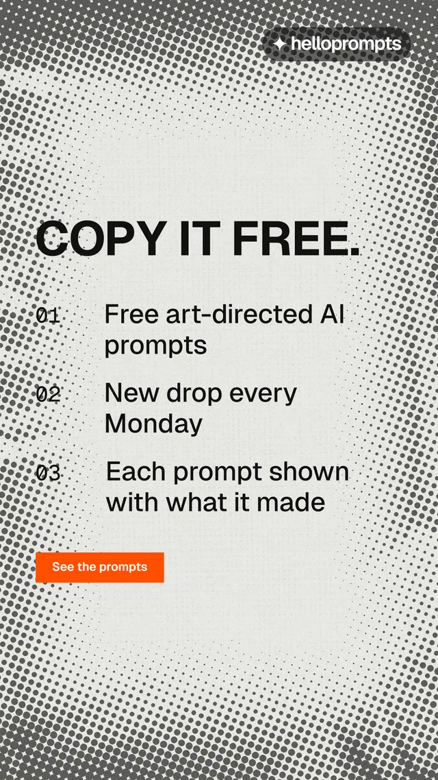 Instagram story for HelloPrompts: "Copy it free." Retro print style, numbered layout, light palette in grey, white.