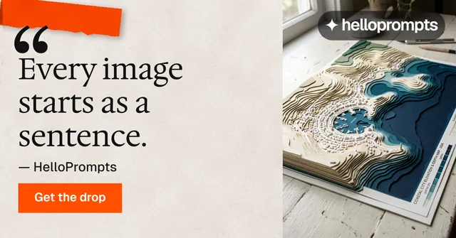 Social ad for HelloPrompts: "Taste, written down." Swiss style, quote layout, light palette in orange, grey.