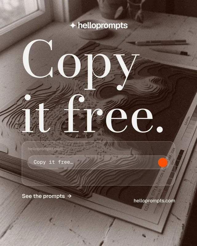 Instagram portrait post for HelloPrompts: "Copy it free." Minimal luxury style, poster layout, dark palette in grey, orange.