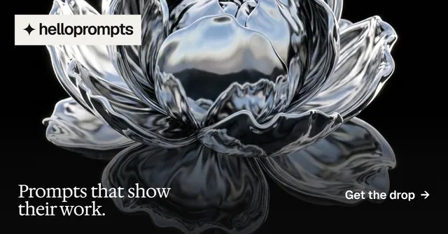 Social ad for HelloPrompts: "Prompts that show their work." Editorial style, image led layout, dark palette in grey, black.