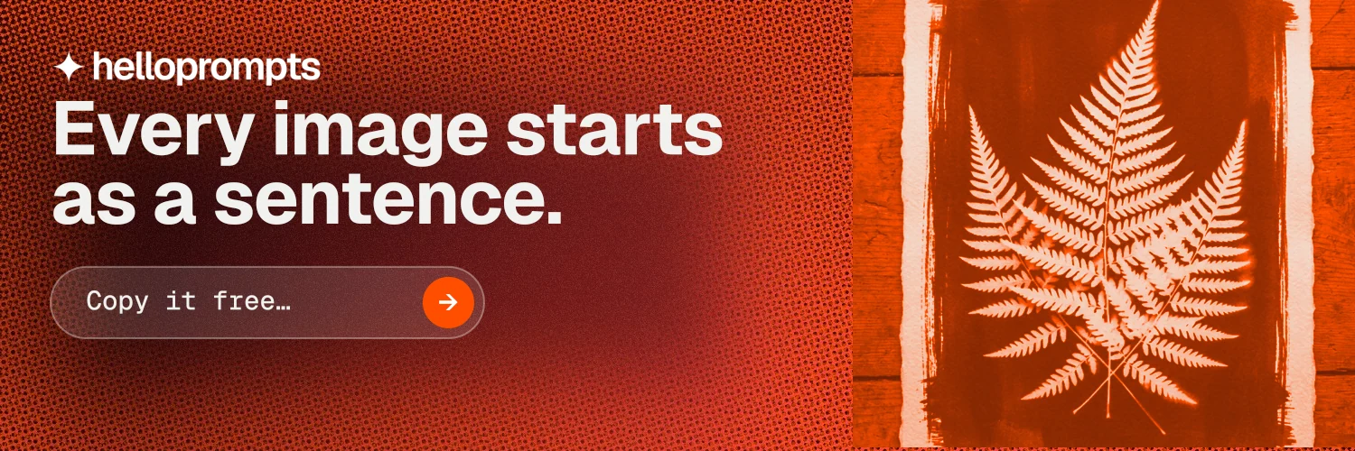 X header for HelloPrompts: "Every image starts as a sentence." Agentic glass style, skeleton layout, dark palette in red, orange.