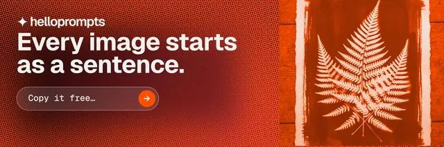 X header for HelloPrompts: "Every image starts as a sentence." Agentic glass style, skeleton layout, dark palette in red, orange.