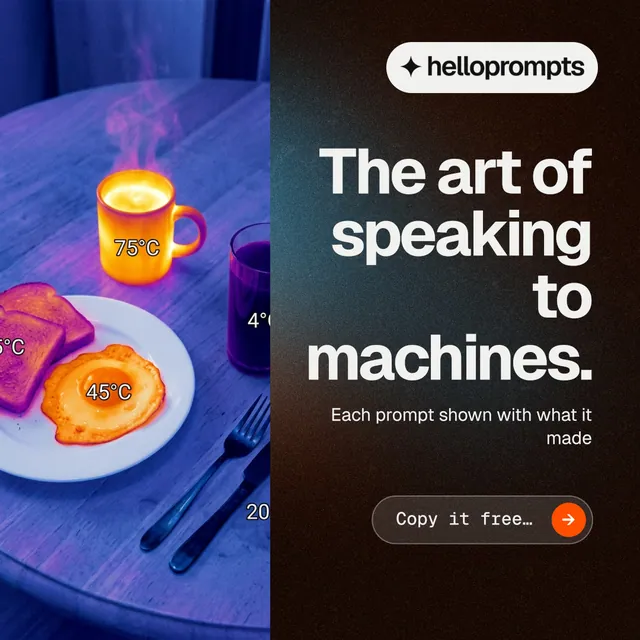 Instagram post for HelloPrompts: "The art of speaking to machines." Agentic glass style, right layout, dark palette in blue, black, grey.