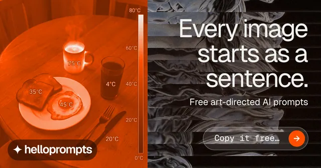 Social ad for HelloPrompts: "Every image starts as a sentence." Agentic glass style, right layout, dark palette in orange, black.