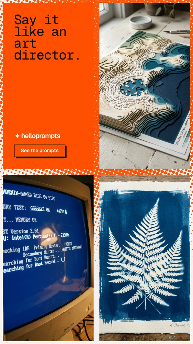 Instagram story for HelloPrompts: "Say it like an art director." Brutalist style, collage layout, light palette in blue, orange, grey.