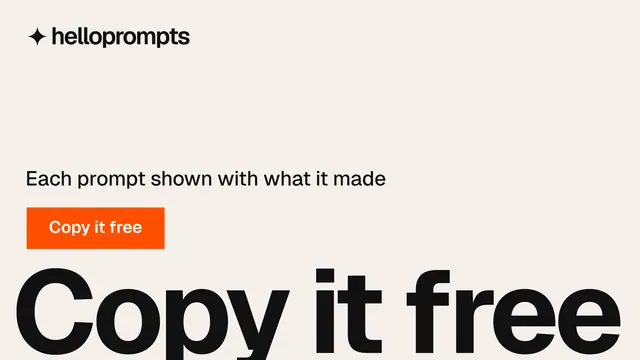 Landscape graphic for HelloPrompts: "Prompts that show their work." Swiss style, oversized layout, light palette in white, grey.