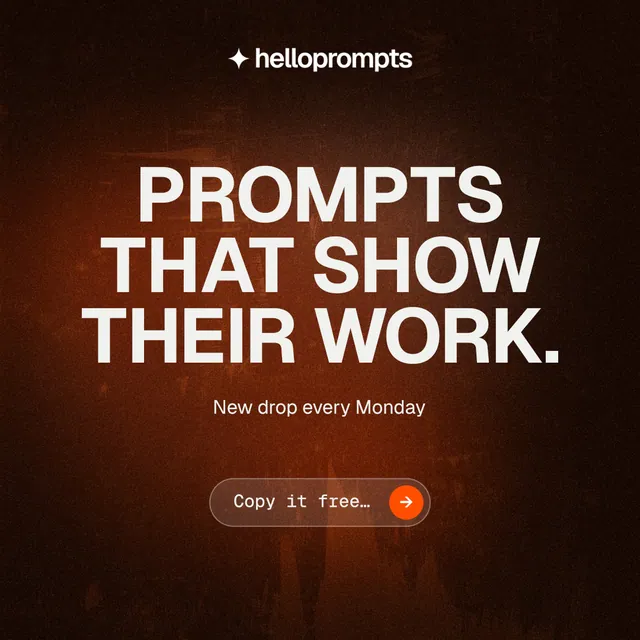 Instagram post for HelloPrompts: "Prompts that show their work." Agentic glass style, centred layout, dark palette in black, orange, grey.