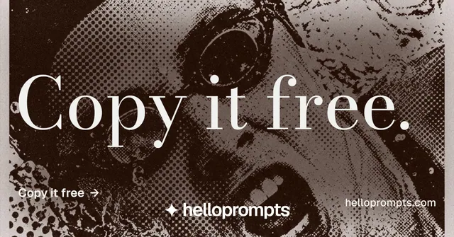 Social ad for HelloPrompts: "Copy it free." Minimal luxury style, poster layout, dark palette in grey, black, orange.