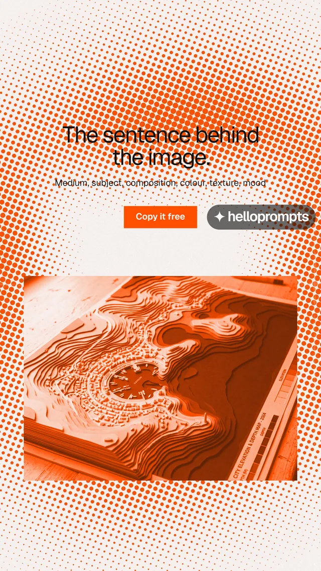 Instagram story for HelloPrompts: "The sentence behind the image." Swiss style, centred layout, light palette in orange, white.