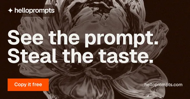 Social ad for HelloPrompts: "See the prompt. Steal the taste." Swiss style, poster layout, dark palette in black, orange, grey.