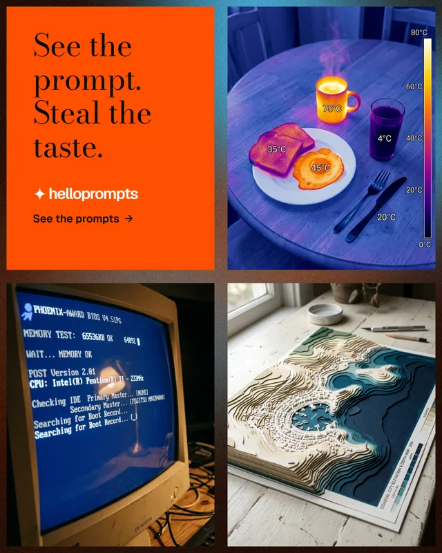 Instagram portrait post for HelloPrompts: "See the prompt. Steal the taste." Minimal luxury style, collage layout, dark palette in blue, red, grey.