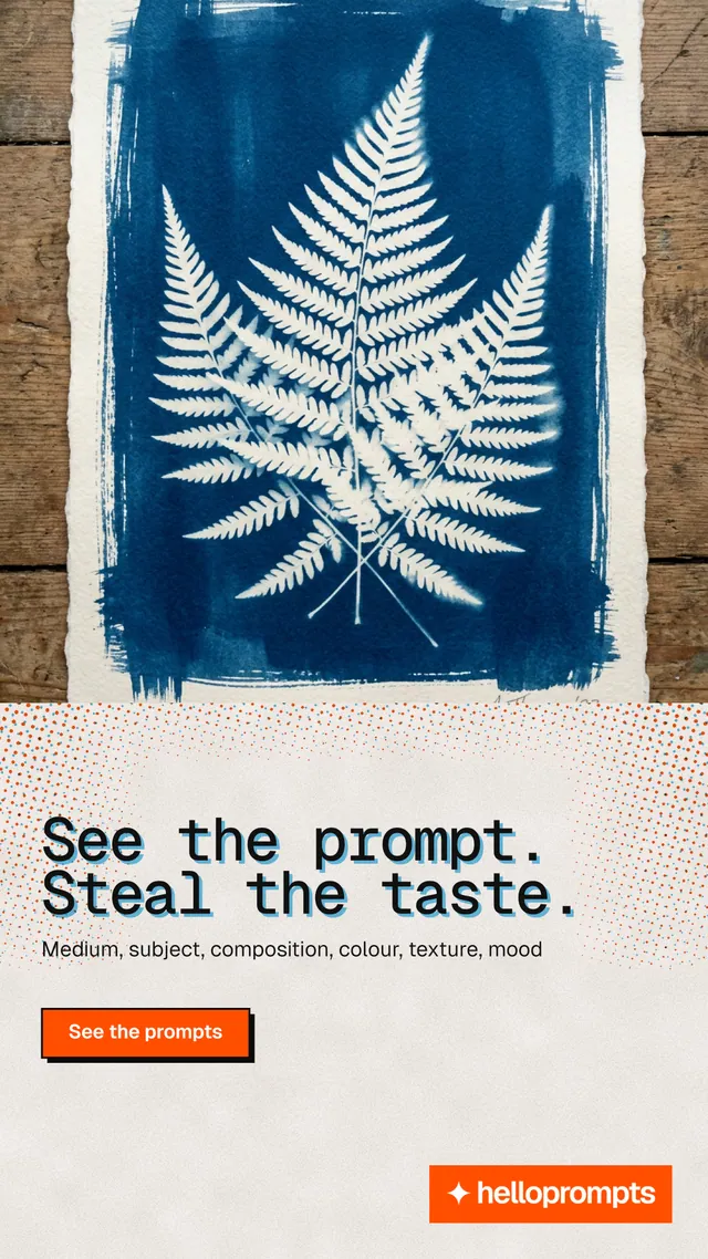 Instagram story for HelloPrompts: "See the prompt. Steal the taste." Brutalist style, bottom layout, light palette in grey, orange, blue.