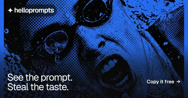 Social ad for HelloPrompts: "See the prompt. Steal the taste." Swiss style, image led layout, dark palette in blue, black.