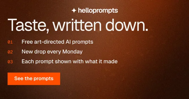 Social ad for HelloPrompts: "Taste, written down." Swiss style, numbered layout, dark palette in orange, brown.