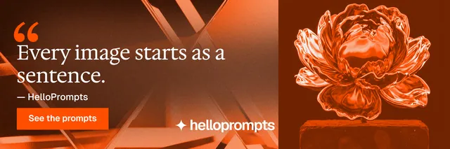X header for HelloPrompts: "Say it like an art director." Swiss style, quote layout, dark palette in orange, brown.