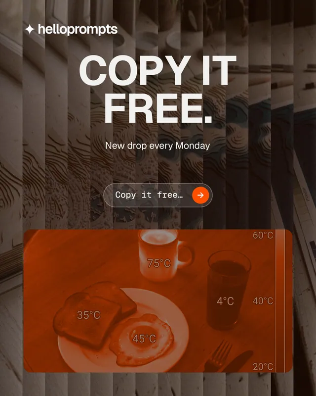 Instagram portrait post for HelloPrompts: "Copy it free." Agentic glass style, centred layout, dark palette in orange, black, grey.
