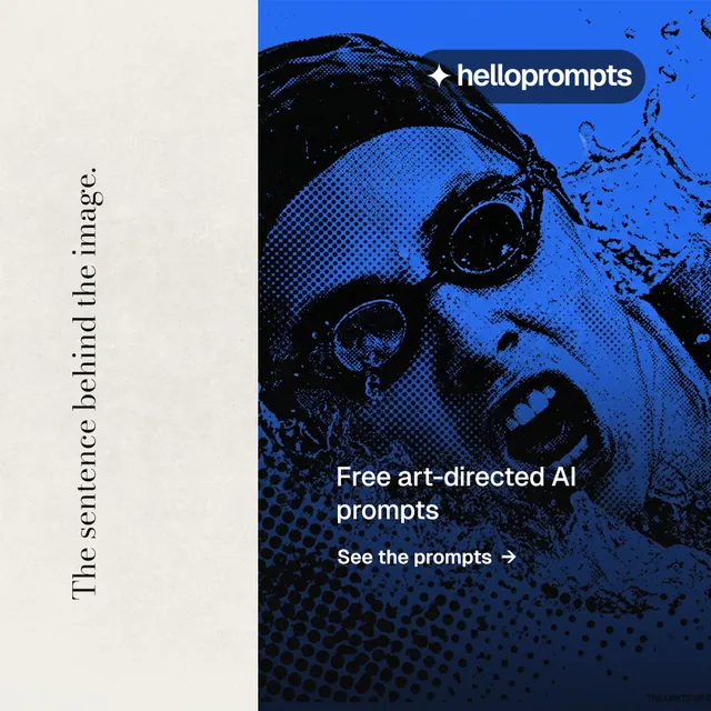 Instagram post for HelloPrompts: "The sentence behind the image." Minimal luxury style, vertical layout, light palette in black, yellow, blue.