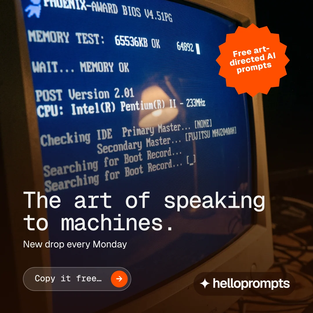 Instagram post for HelloPrompts: "The art of speaking to machines." Agentic glass style, sticker layout, dark palette in black, blue, red.
