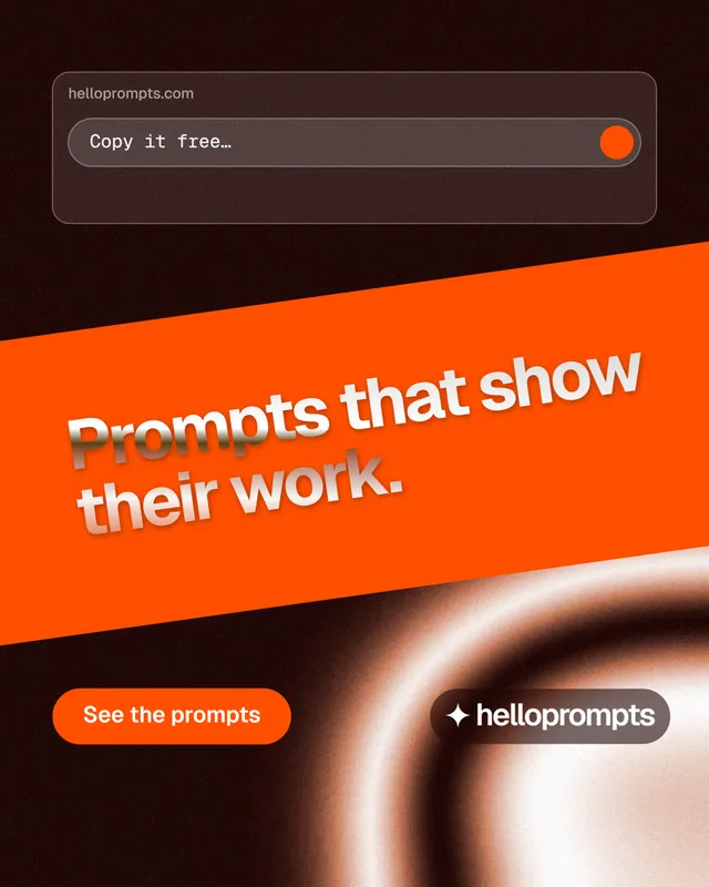 Instagram portrait post for HelloPrompts: "Prompts that show their work." Y2K style, diagonal layout, dark palette in black, orange, red.