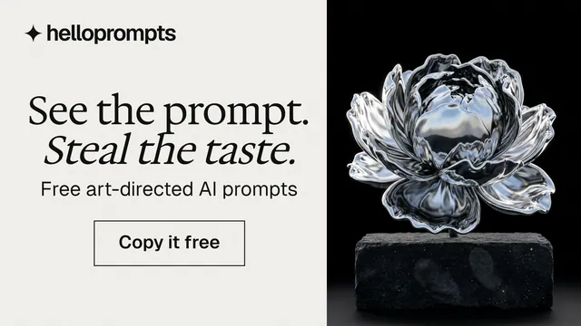 Landscape graphic for HelloPrompts: "See the prompt. Steal the taste." Editorial style, skeleton layout, light palette in white, black, grey.